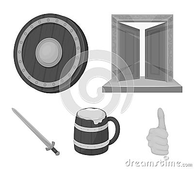 A gate to the treasure, a shield for protection, a mug with a bra, a sword. Vikings set collection icons in monochrome Vector Illustration