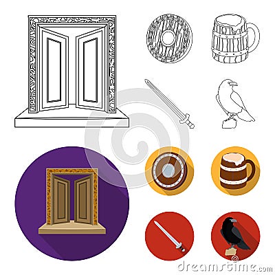 A gate to the treasure, a shield for protection, a mug with a bra, a sword. Vikings set collection icons in outline,flat Vector Illustration