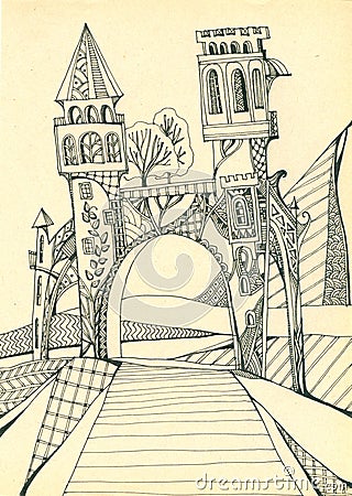 Gate with towers above the road. Portal in magic world. Hand drawing Cartoon Illustration