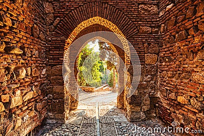 Gate of the Wall and the Gardens of the Alcazaba in the City of Malaga, Andalusia Stock Photo