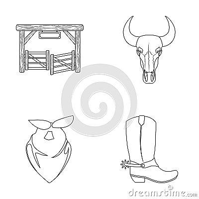 Gates, a bull s skull, a scarf around his neck, boots with spurs. Rodeo set collection icons in outline style vector Vector Illustration