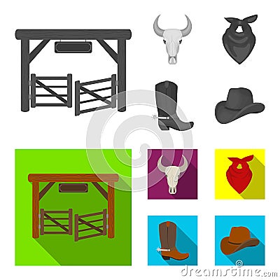 Gates, a bull skull, a scarf around his neck, boots with spurs. Rodeo set collection icons in monochrome,flat style Vector Illustration