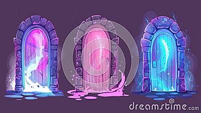 Gates, frames, and a glowing teleport entrance with steam and fog in a cartoon modern illustration set with stone and Cartoon Illustration