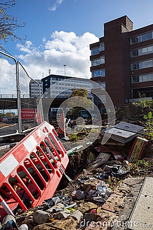 Messy construction work near offices during Gateshead Council roadworks Editorial Stock Photo