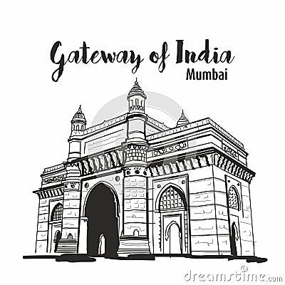 Gateway of india Mumbai Maharashtra imdia sketch Vector Illustration