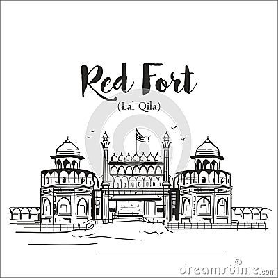 Red fort ir lal qila old delhi india sketch Vector Illustration