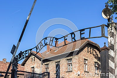 Gateway to the factory of death in Auschwitz Editorial Stock Photo