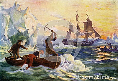 gathering fresh water from icebergs Cartoon Illustration