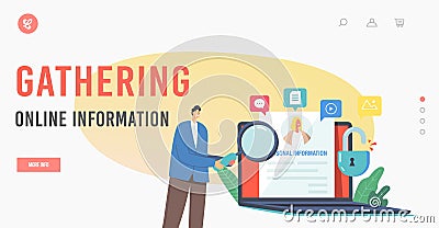 Gathering Online Information Landing Page Template. Doxing, Exploit or Dissemination Result. Character with Magnifier Vector Illustration