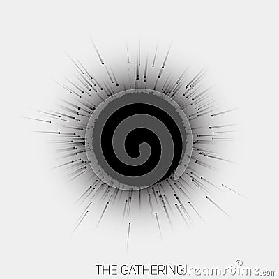 Gathering of point with trails to central object. Nuclear reaction vector illustration. Abstract black and white concept Vector Illustration