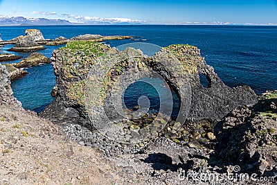 The Gatklettur stone arch in Arnarstapi in the SnÃ¦fellsnes peninsula, western Iceland Stock Photo