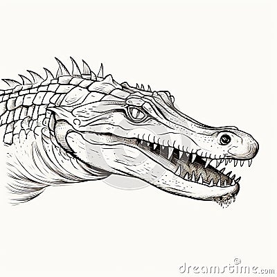 Realistic Fantasy Alligator Head Ink Drawing On White Background Cartoon Illustration