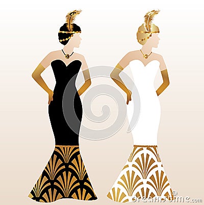 Gatsby Art Deco Illustration Design with Women in Gold Pattern Dress Vector Illustration