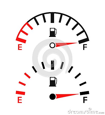 Gauge of fuel. Guage of gas, gasoline. Full or empty tank of petrol or diesel in car. Indicators on dashboard in auto. Dial of Vector Illustration