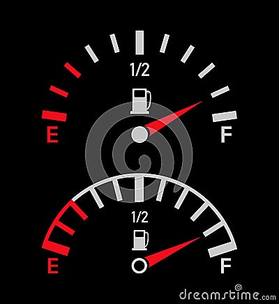 Gauge of fuel. Guage of gas, petrol. Full or empty tank of gasoline or diesel in car. Indicators with arrow on dashboard in truck Vector Illustration