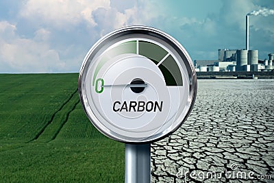 Gauge with inscription CARBON and arrow points to zero on a background of landscape with half green field and half Stock Photo