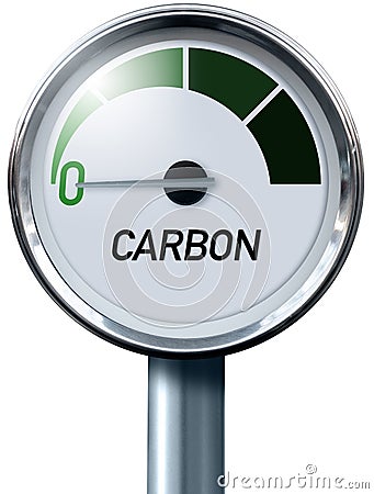 Gauge with inscription CARBON. Arrow points to zero. Concept of Carbon Neutrality. Stock Photo