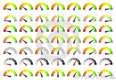 Gauge meter. Rating scale bar indicator with arrow speedometer, dashboard scale panel level meter for measurement speed Vector Illustration