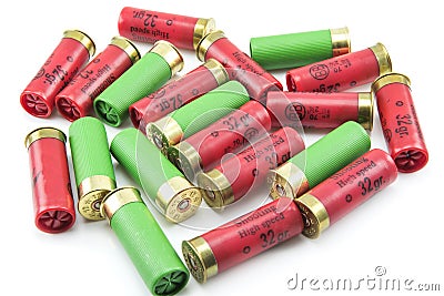 12 gauge shotgun shells isolated Stock Photo