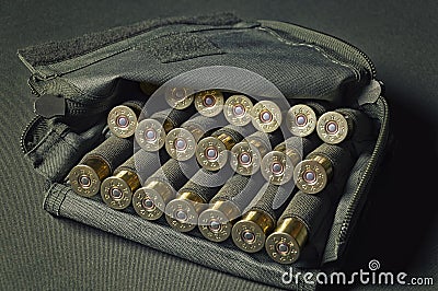 12 gauge shotgun shells used for hunting. Military concept, sport shooting, hunting Stock Photo