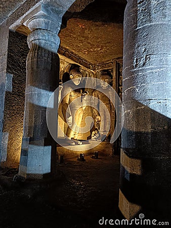 Gautam Buddha statue in Ajanta caves world famous Rockcut structure Editorial Stock Photo