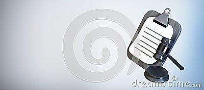Gavel and clipboard symbolizing judgment and decision-making, isolated on a soft gradient background. 3D Rendering Stock Photo