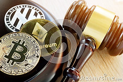 Gavel and cryptocurrency. Government regulation concept. Editorial Stock Photo