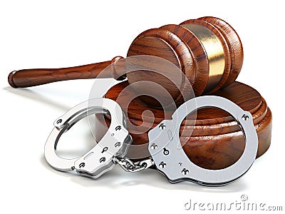 Gavel and handcuffs isolated oin white background. Law and justice concept. Cartoon Illustration