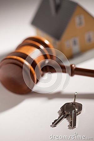 Gavel, House Keys and Model Home Stock Photo