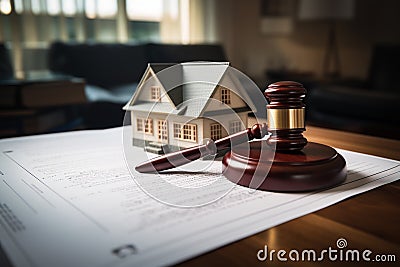 Gavel and house on the table. Real estate law concept.. Ai generative Stock Photo