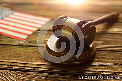 Gavel judge, American flag on a wooden background american laws. justice Stock Photo