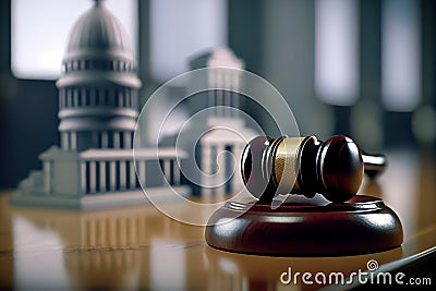 A gavel on a law office desk with buildings in the background, the concept of real estate law, Humanly enhanced AI Generated Stock Photo