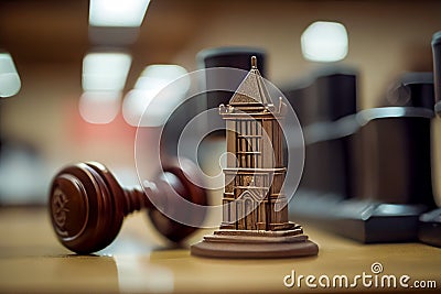 A gavel on a law office desk with buildings in the foreground, the concept of real estate law, Humanly enhanced AI Generated Stock Photo