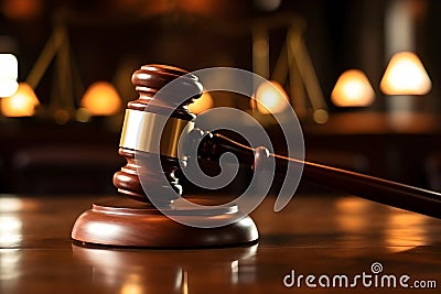 The Resounding Authority : The Wooden Gavel Resting on the Judge's Table.Generative AI Ilustration Stock Photo