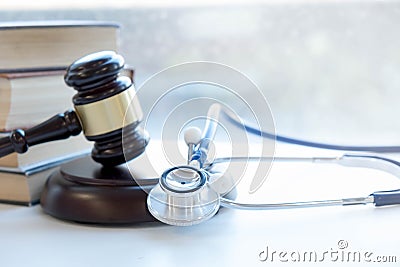 Gavel and stethoscope. medical jurisprudence. legal definition of medical malpractice. attorney. common errors doctors Stock Photo