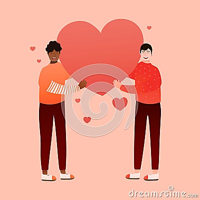 Gay couple holding big heart on pink background, gift card for valentine, love romantc concept of lgbt pair Vector Illustration