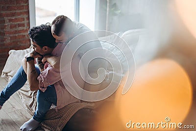 Gay couple at home, intimate moments of private life - Homosexual partners Stock Photo