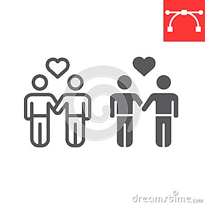 Gay couple line and glyph icon, lgbt and heart, homosexual couple sign vector graphics, editable stroke linear icon, eps Vector Illustration