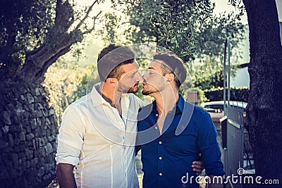 Gay couple walking in park and kissing Stock Photo