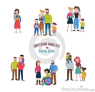 gay family, different kind of families, special needs children Vector Illustration