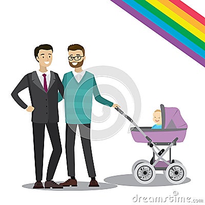 Gay family of two men and baby in a stroller Vector Illustration