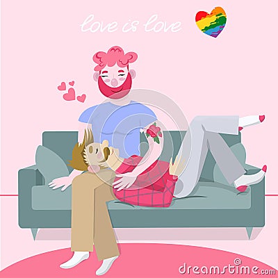 Gay friends, couple sitting on a couchand the inscription Love is love image. Cartoon flat illustration Cartoon Illustration