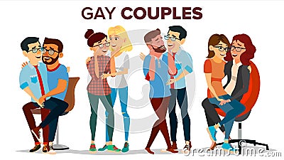 Gay, Lesbian Couple Set Vector. Hugging Men And Women. Same Sex Marriage. Romantic Homosexual Relationship. LGBT. LGBTQ Vector Illustration