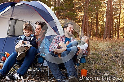 Gay Male Couple With Children On Camping Trip Stock Photo