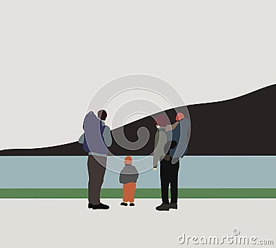 Gay Male Couple With Children hiking on mountain and standing near lake during their summer vacation. LGBTQ lovers traveling. Vector Illustration