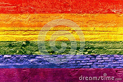 Gay flag painted on a brick wall, Rainbow background Stock Photo