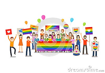 Gay parade. People with placards. Sexual revolution or free love. Holiday, celebration, festivity vector illustration Vector Illustration