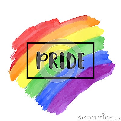 Gay Pride lettering on a watercolor rainbow spectrum flag Vector Illustration