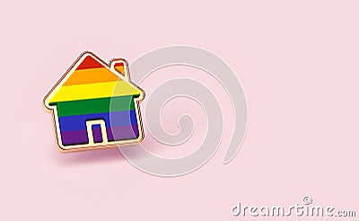 Gay pride rainbow in a home shape isolated on pastel pink background. Copy space included. LGBTQ people right to live together Stock Photo