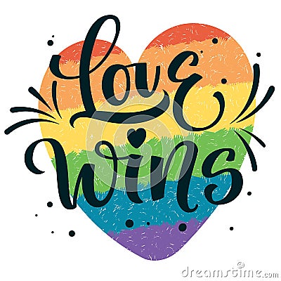 Gay Pride text Love Wins with splashes and dots decor on colorful gay rainbow heart background Vector Illustration